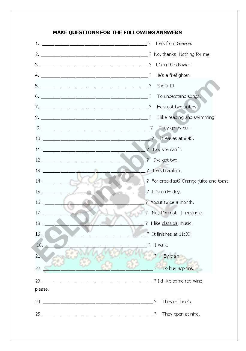 Question form worksheet
