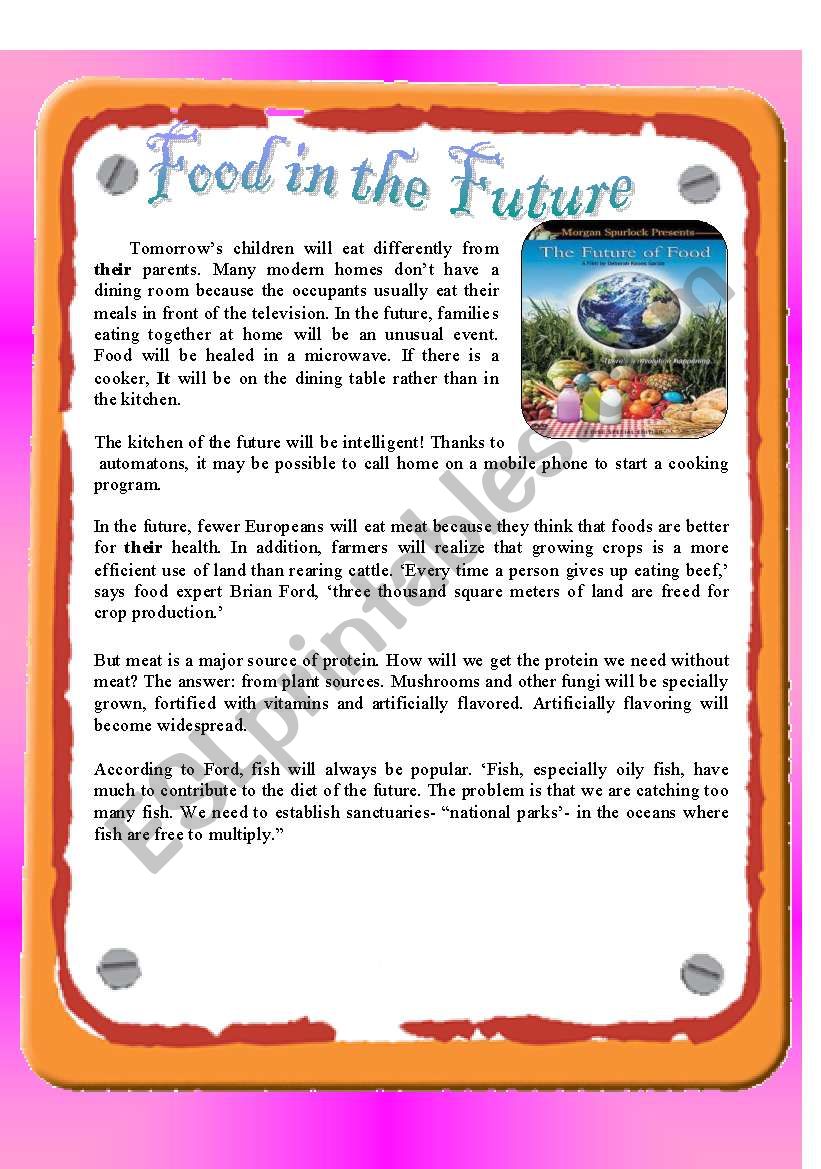 Reading : Food in the Future worksheet