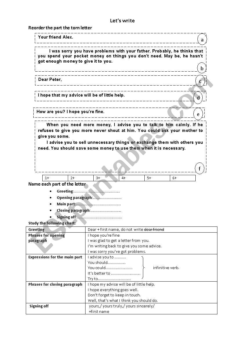 writing a letter of advice worksheet