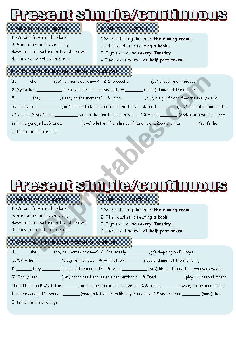 present simple- continuous worksheet