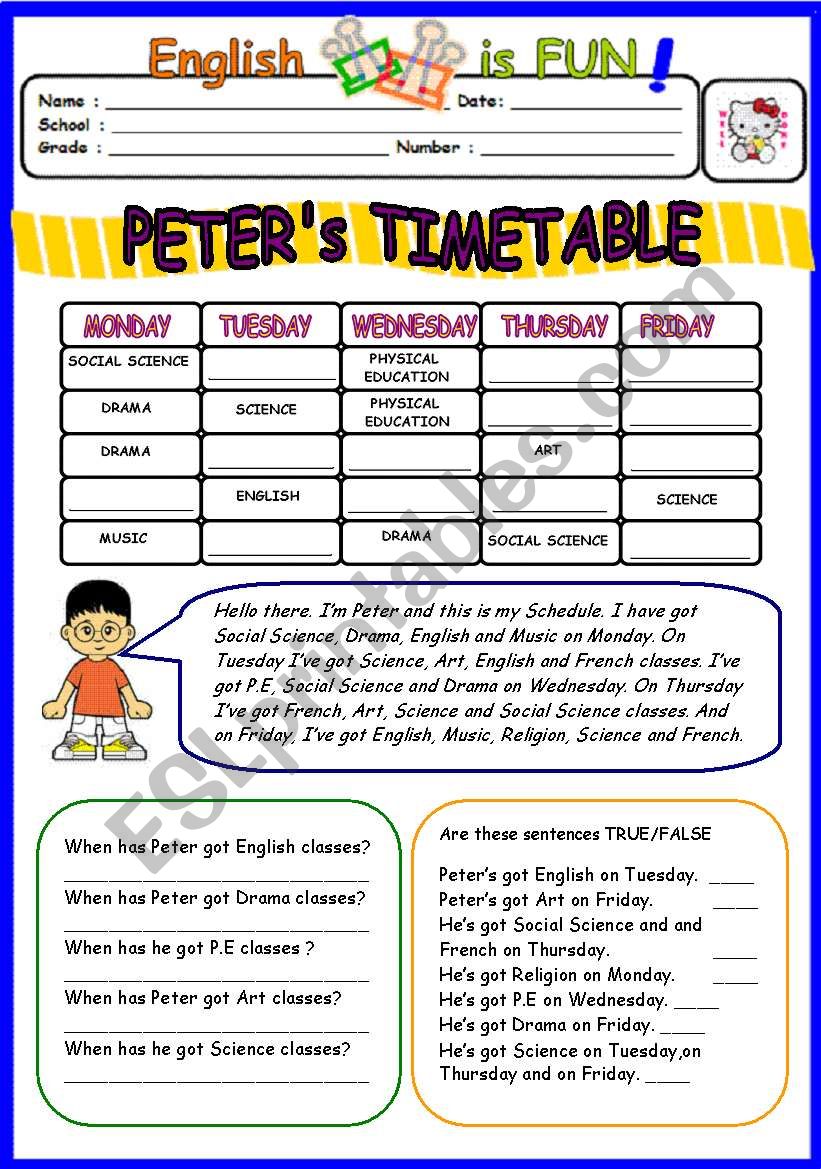 Peters Timetable worksheet