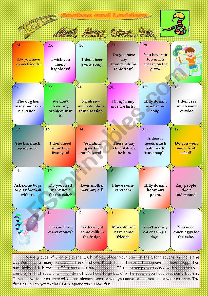 Much, Many, Some,Any - snakes and ladders boardgame