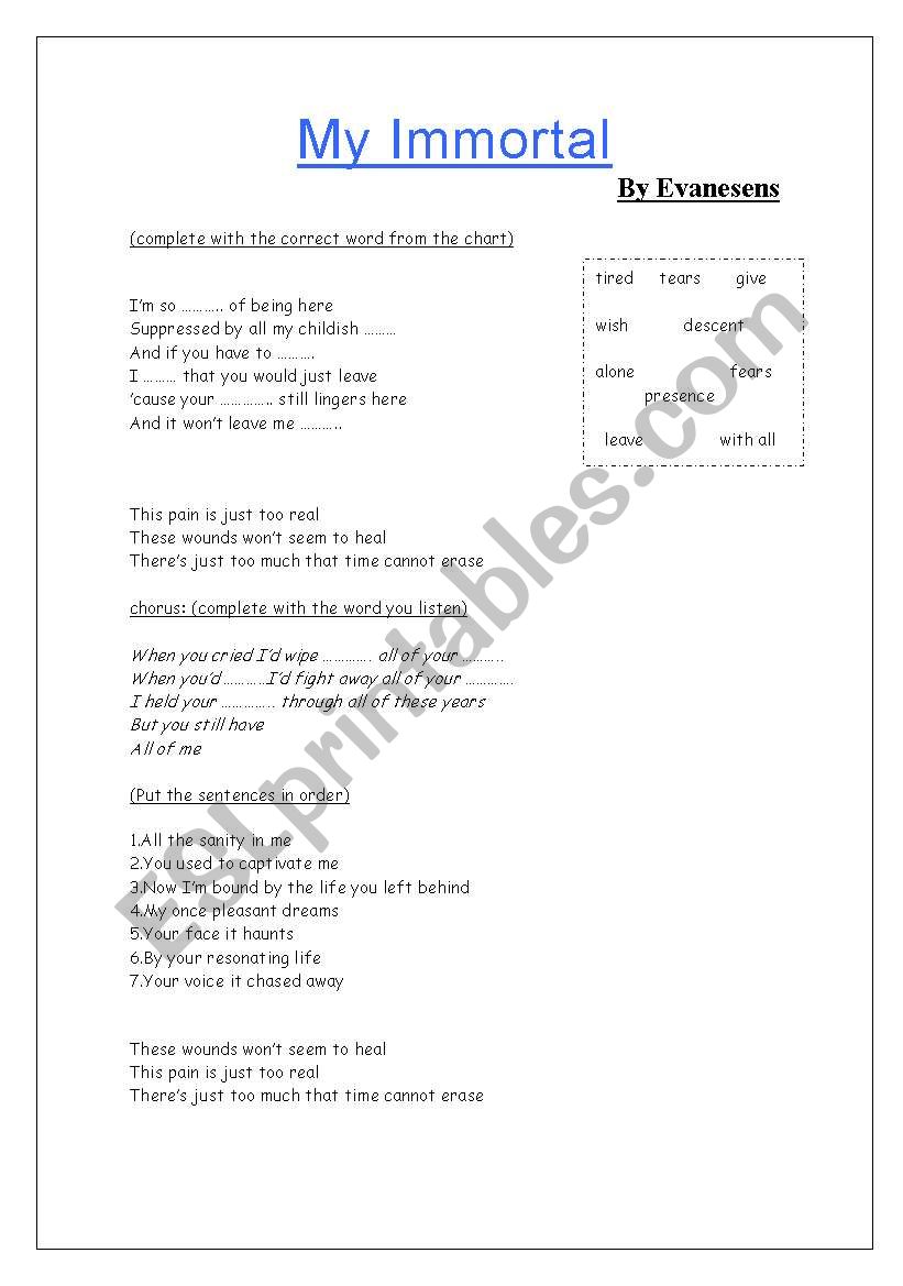 song-my immortal worksheet