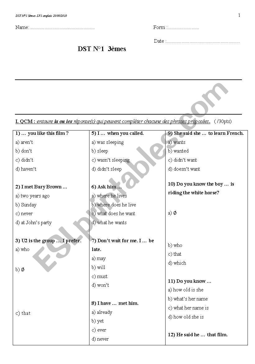 MCQ grammar and vocabulary worksheet