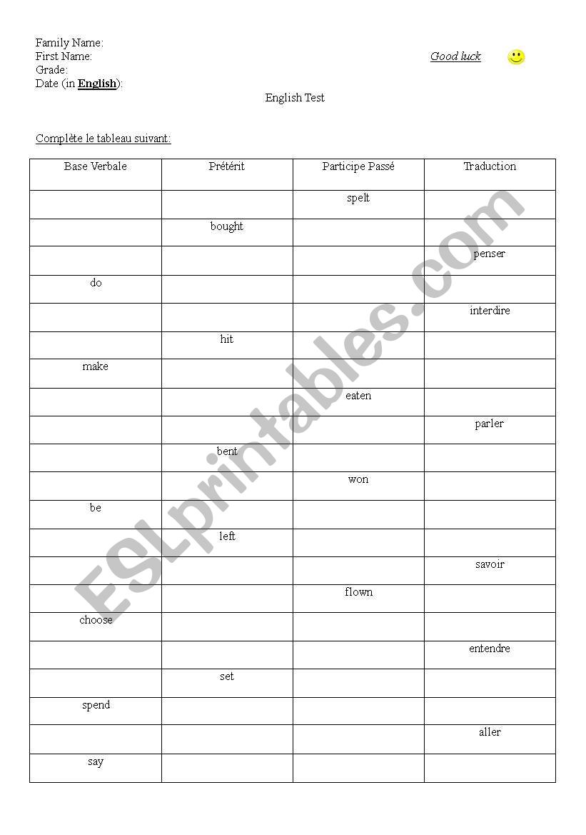 Irregular Verbs worksheet