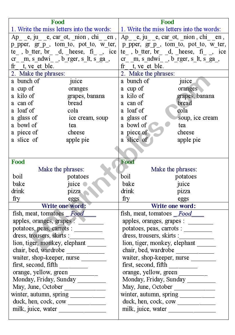 2 FOOD worksheets worksheet