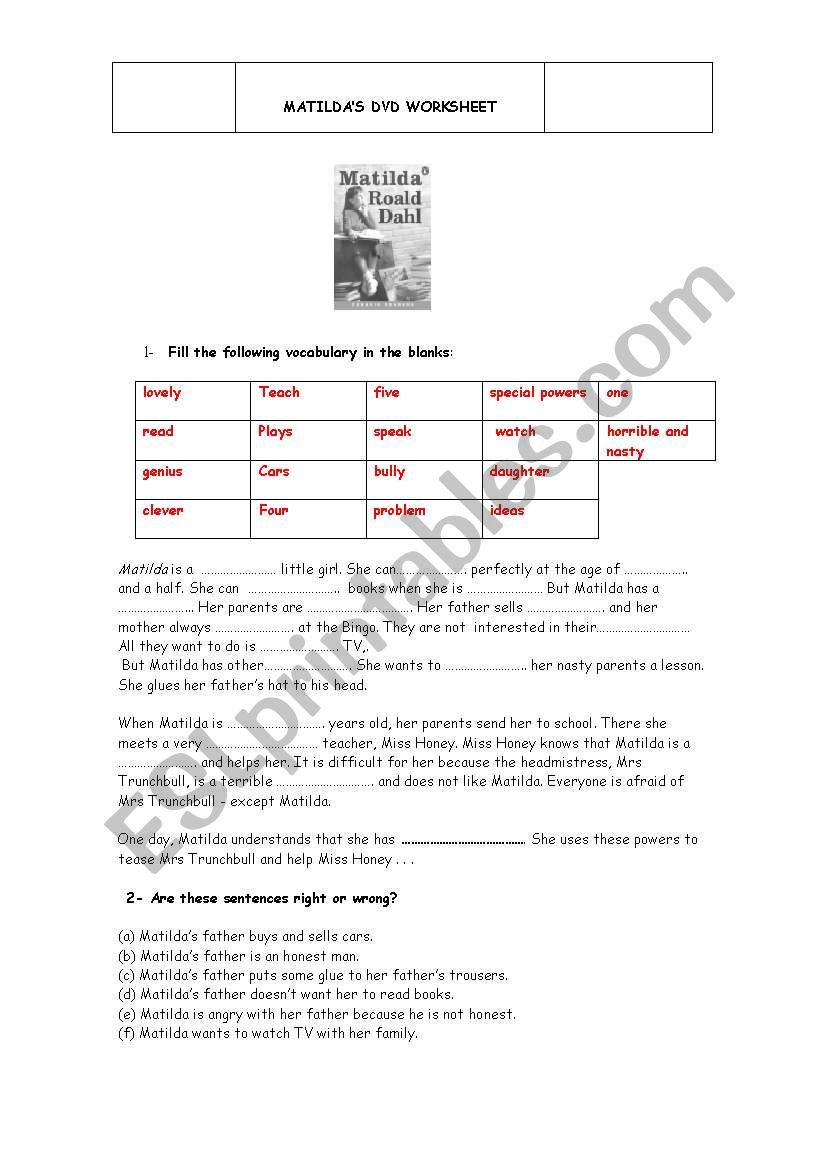 Matilda by Roald Dahl worksheet