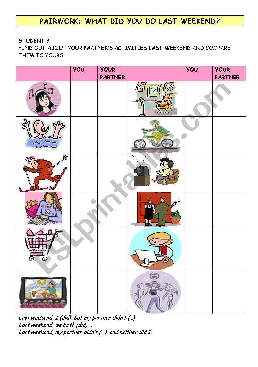 Pairwork: What did you do last weekend? Student B