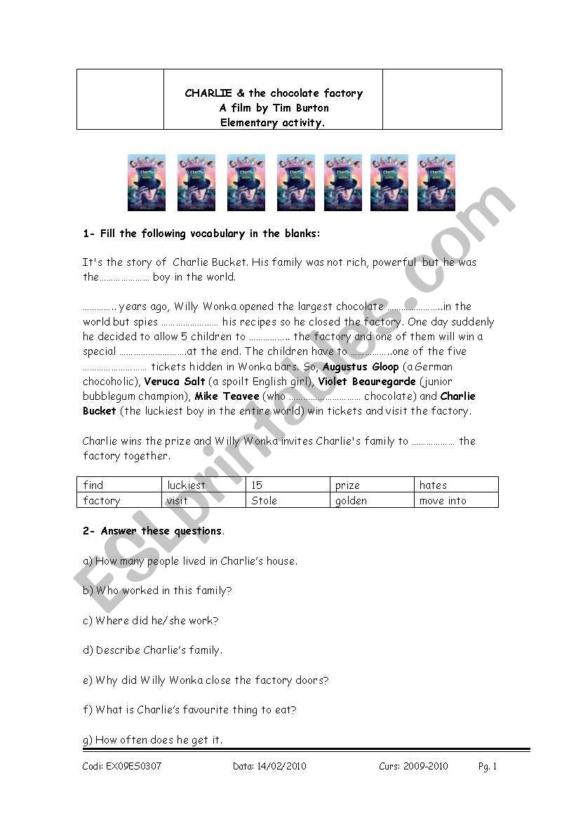 Charlie and the chocolate factory worksheet