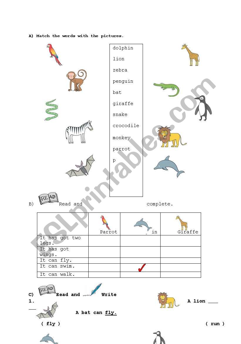 animals/ can/cant worksheet