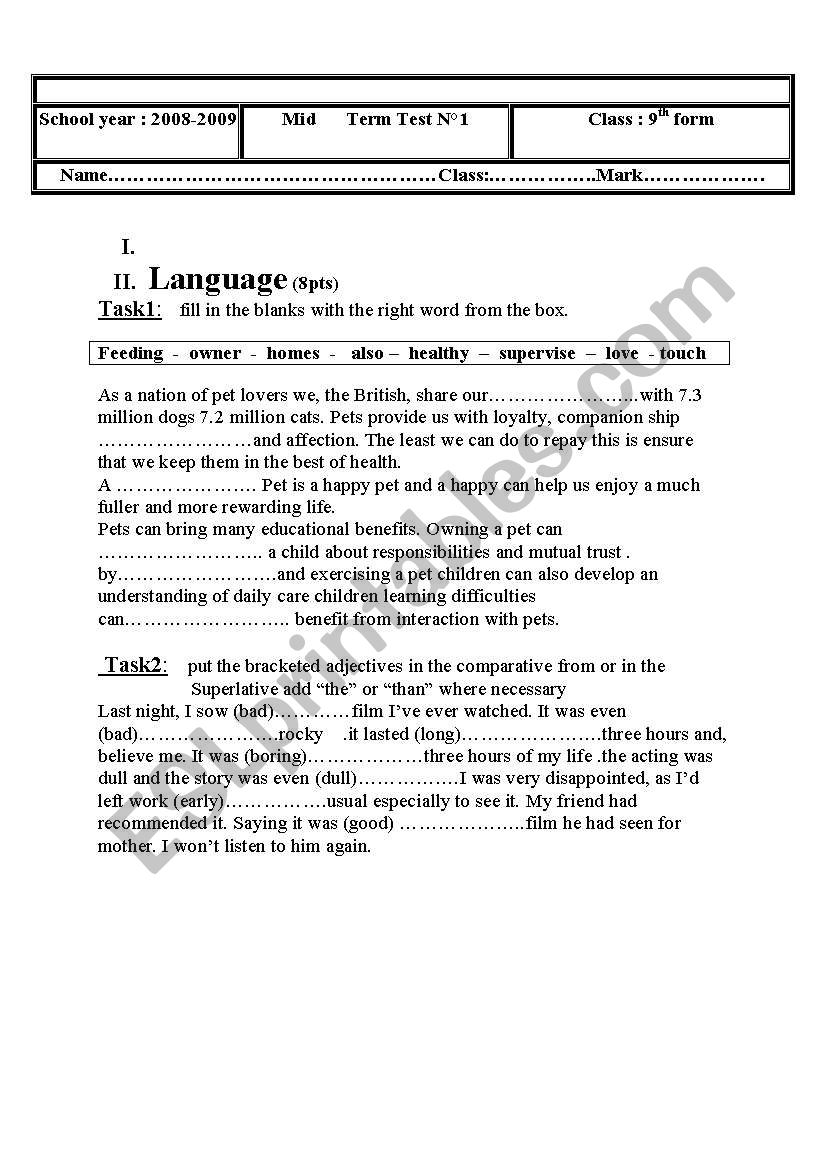 language test for the 9th form mid term test n 1