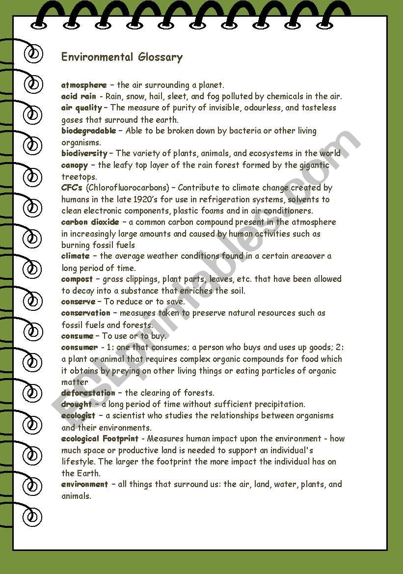 ENVIRONMENTAL GLOSSARY worksheet