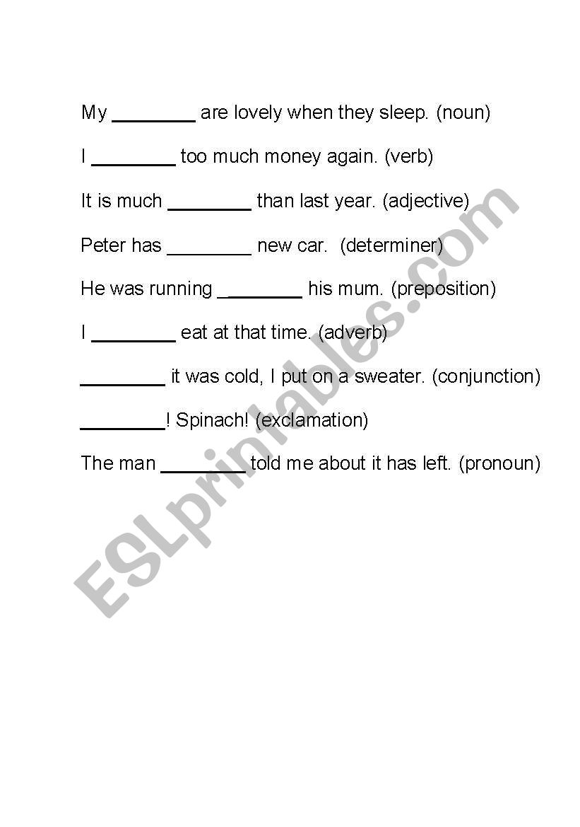 Parts of the sentence worksheet