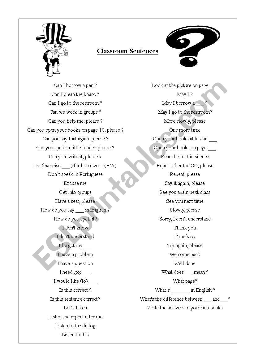 Classroom Sentences worksheet