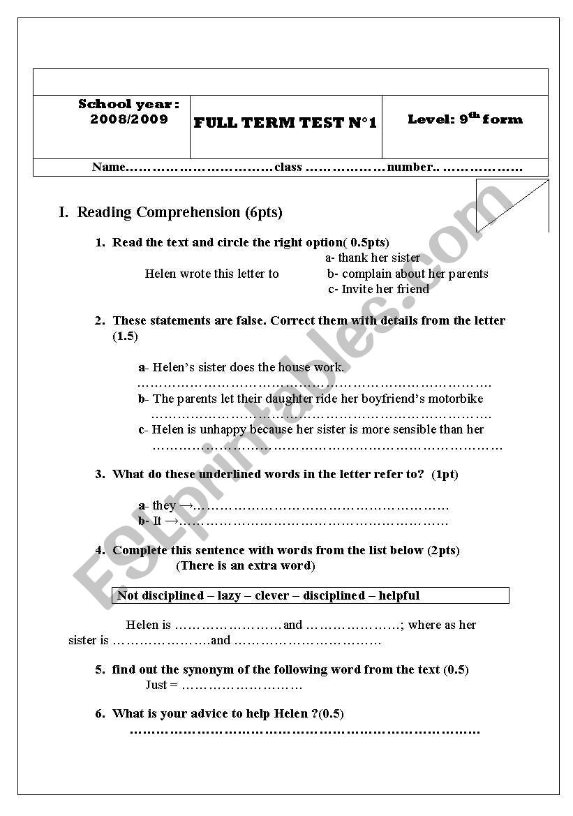 full term test N1 9th form  worksheet