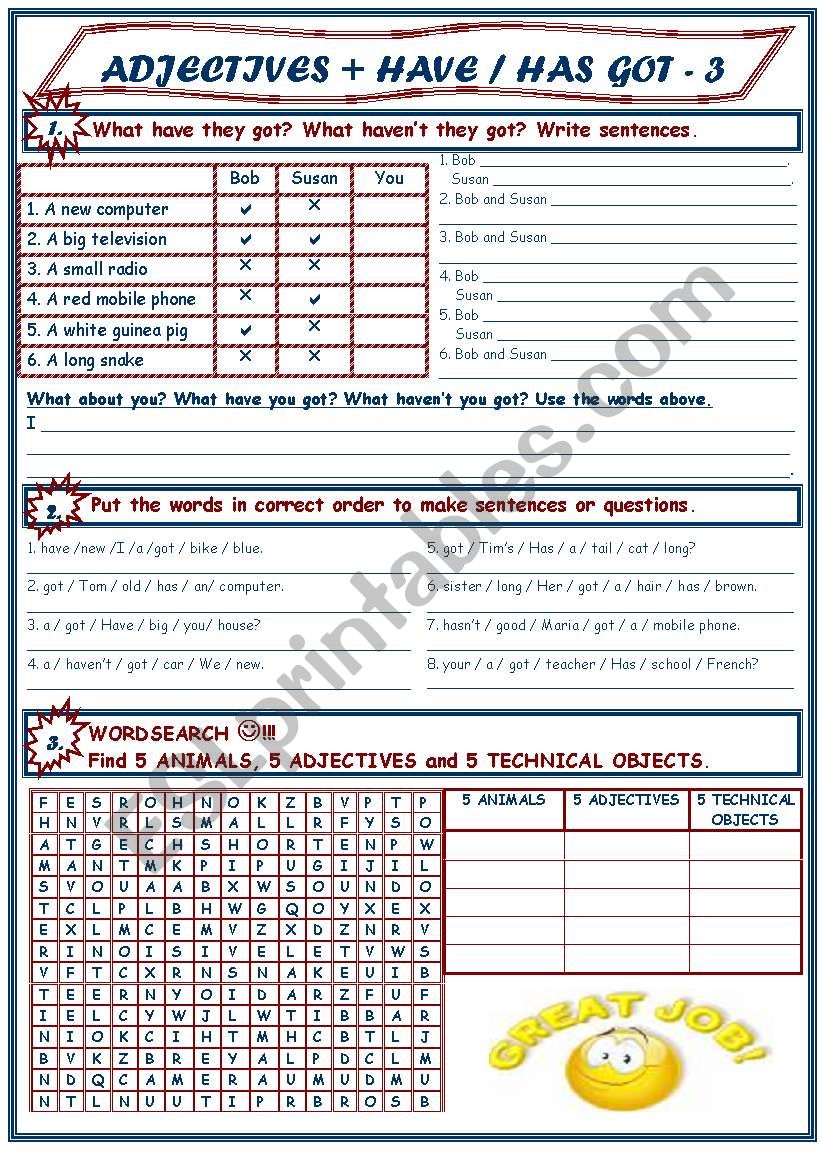 ADJECTIVES + HAVE/HAS GOT 3/3 worksheet