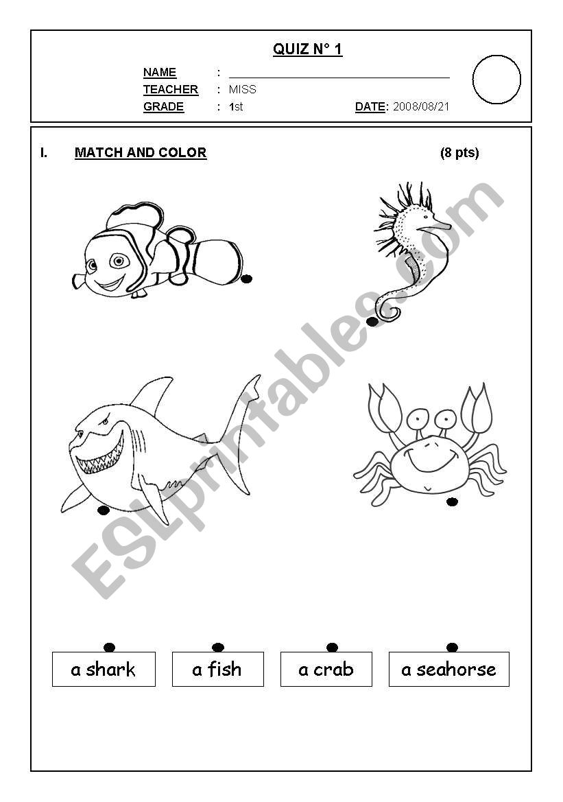 SEA ANIMALS TEST worksheet