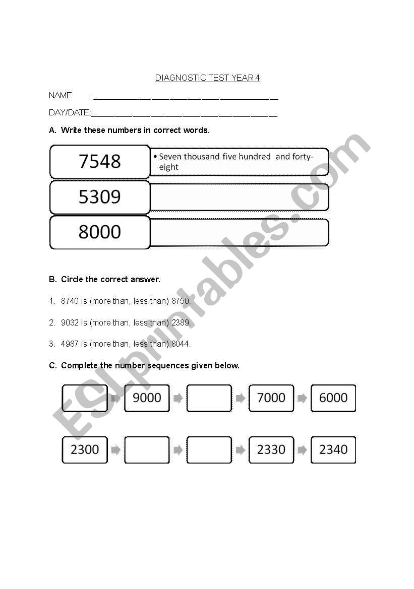 WHOLE NUMBER TEST worksheet