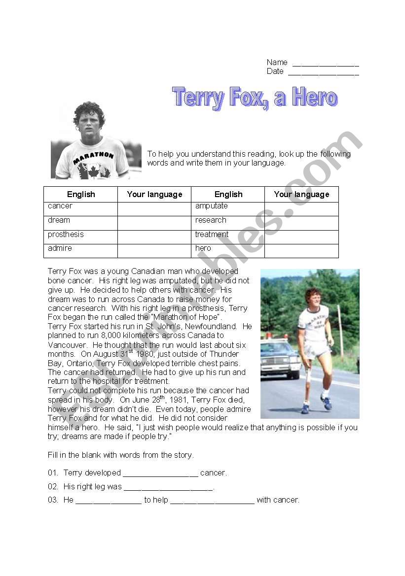 Terry Fox, a Hero worksheet