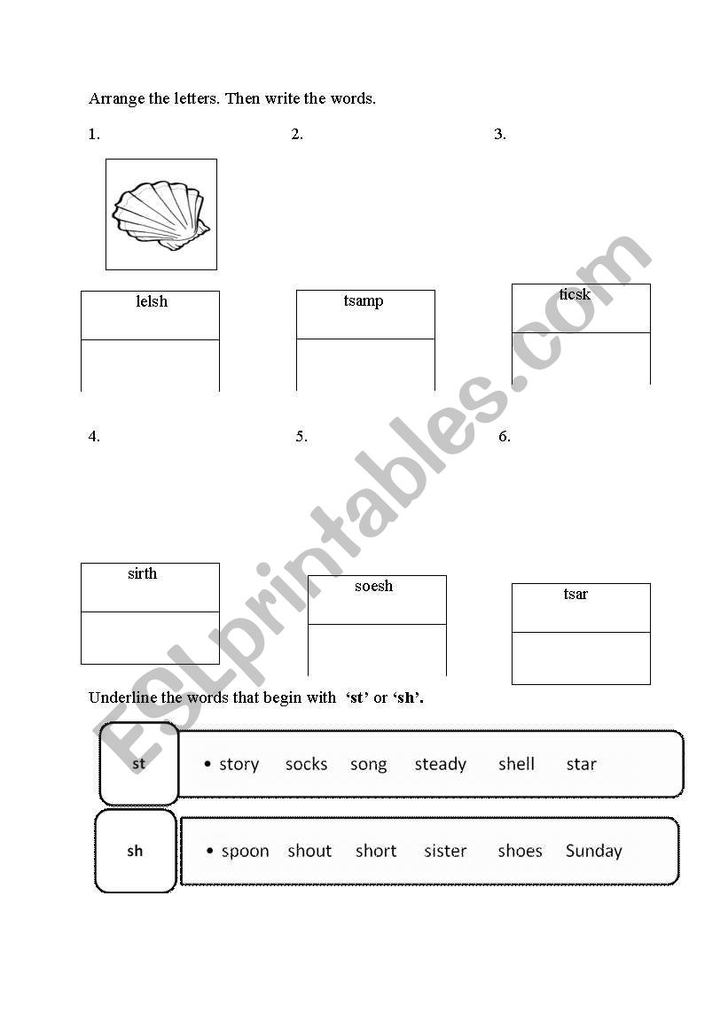 English worksheets: initial diagraph ´sh´ and ´st´