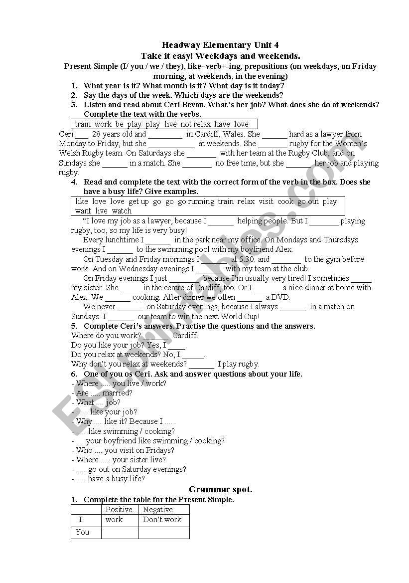 Headway Elementary Unit 4 worksheet