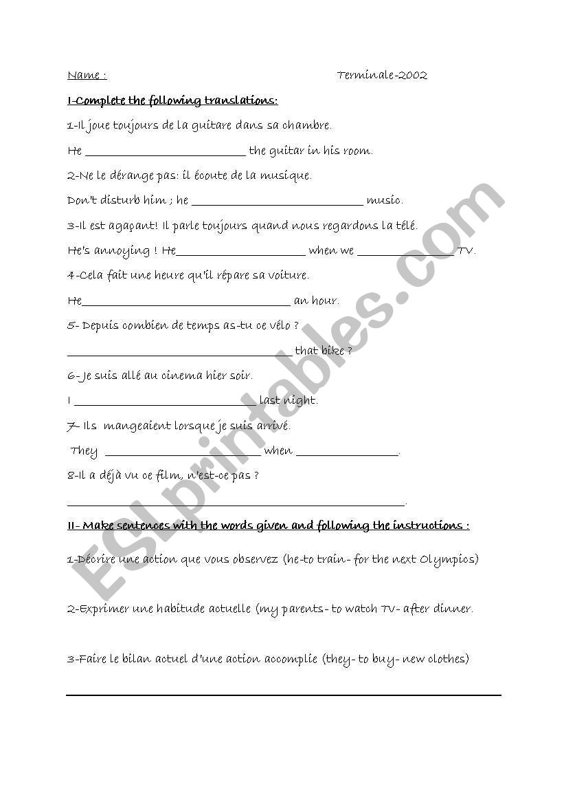 English tenses test for French students