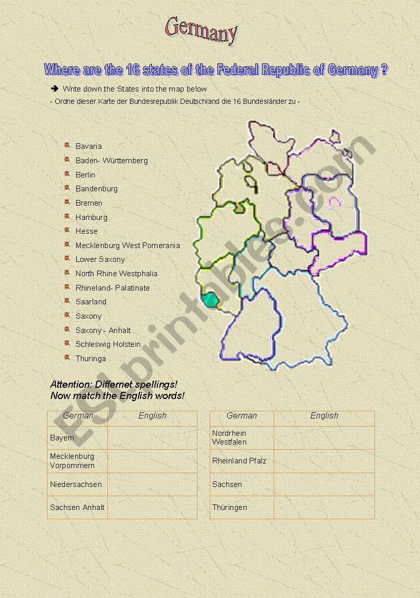 The 16 states in Germany worksheet