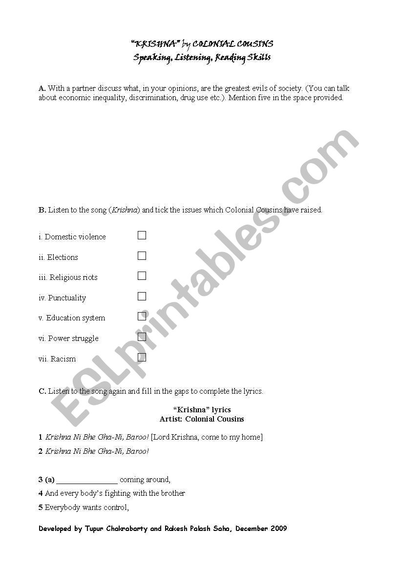 KRISHNA by COLONIAL COUSINS worksheet