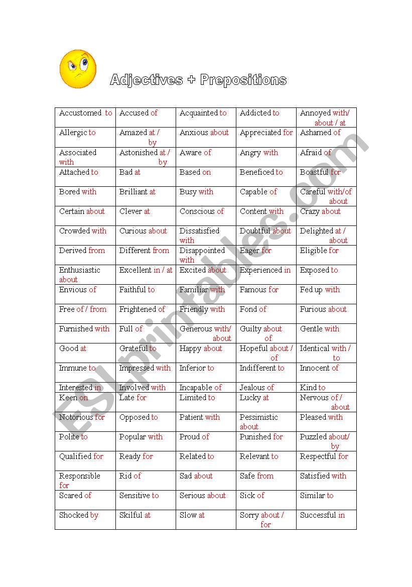 adjectives + prepositions worksheet