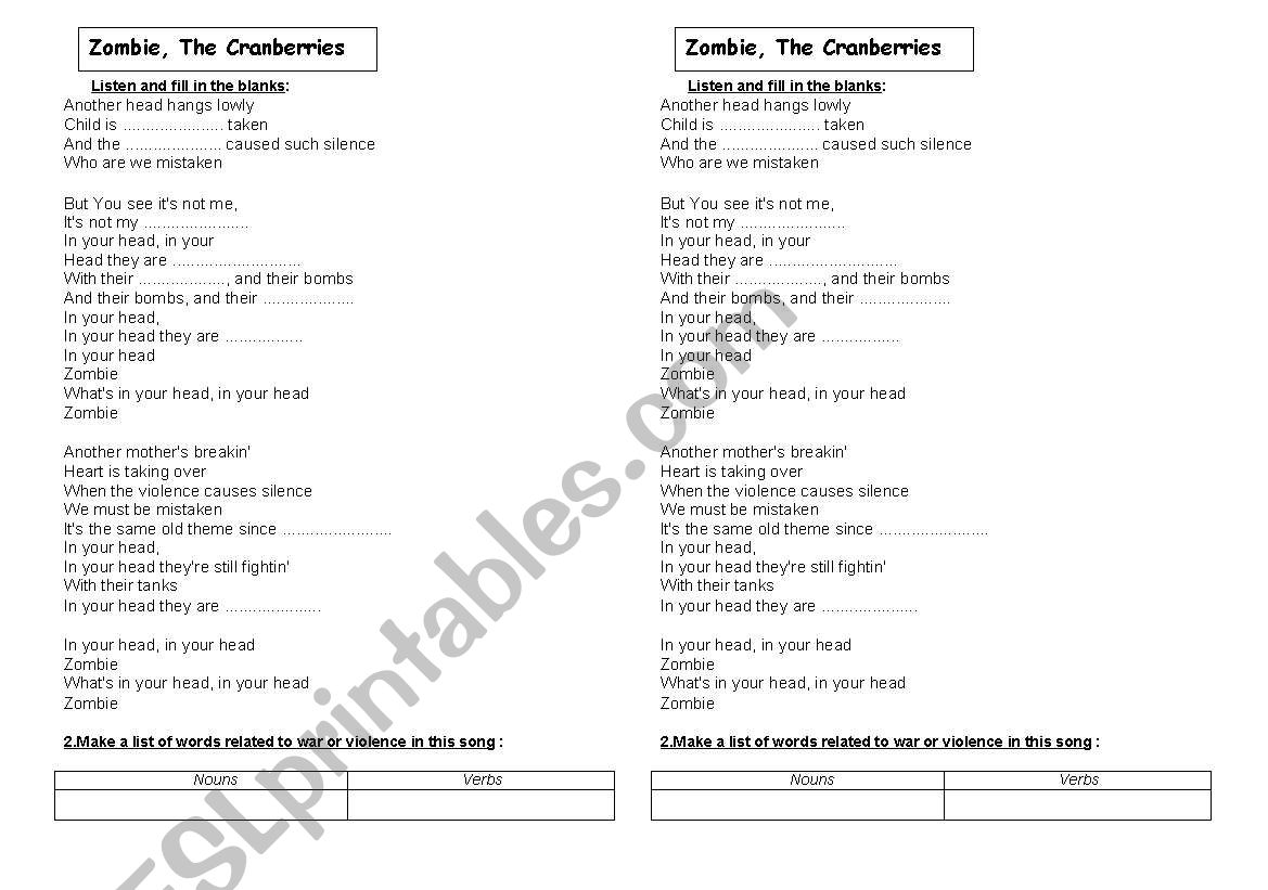 Song Zombie, The Cranberries worksheet