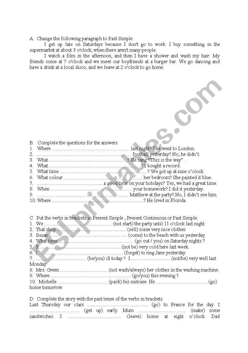 Present Simple or Continuous plus Past Simple practise page 