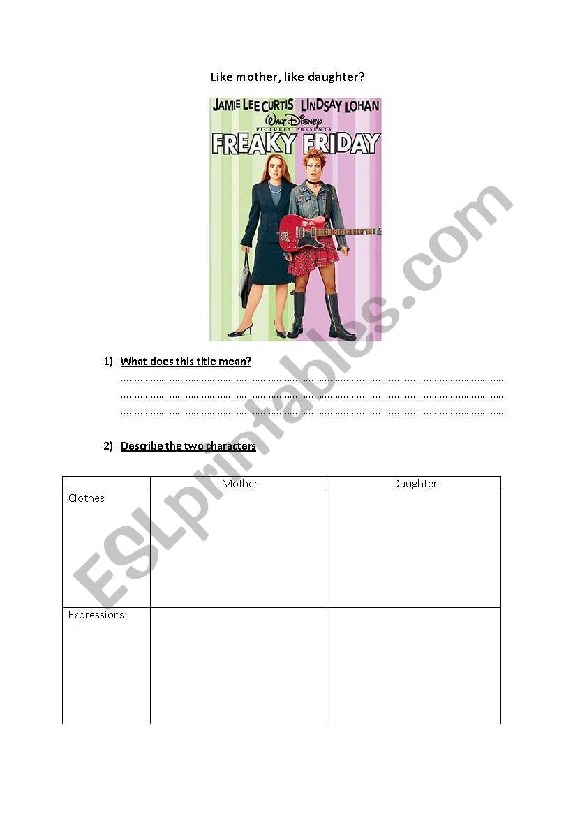 Freaky Friday- Comparison worksheet