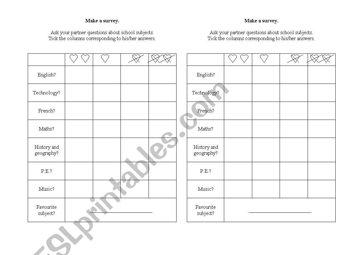 Survey about school subjects worksheet