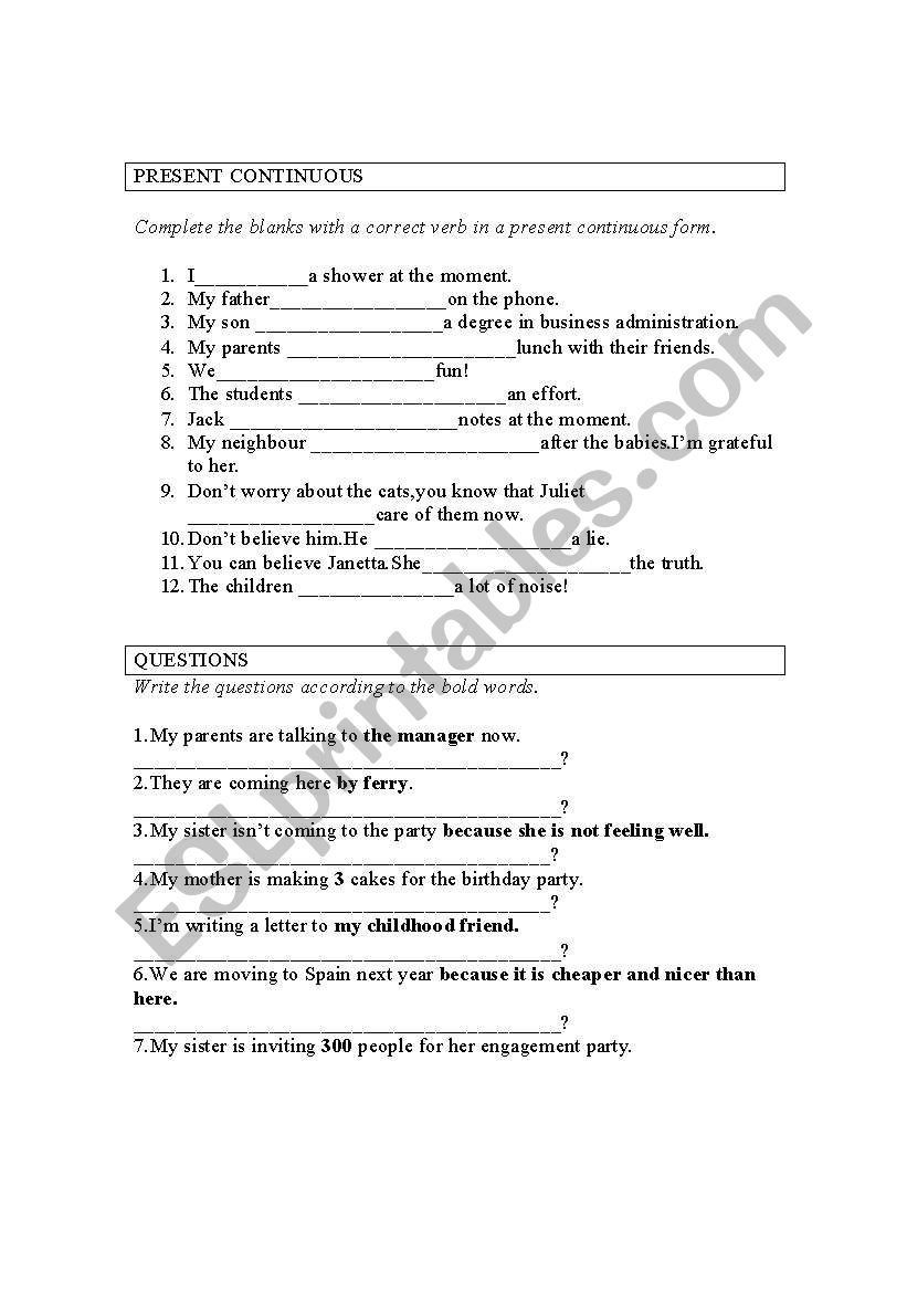 PRESENT CONTINUOUS TENSE  worksheet