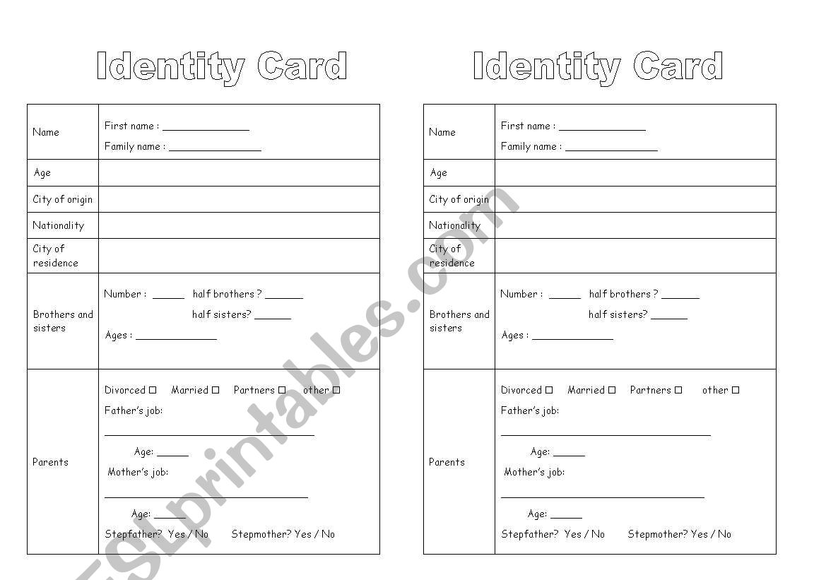 Identity card worksheet