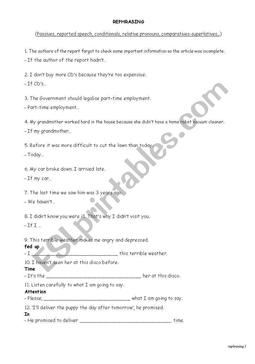 REPHRASING SENTENCES worksheet