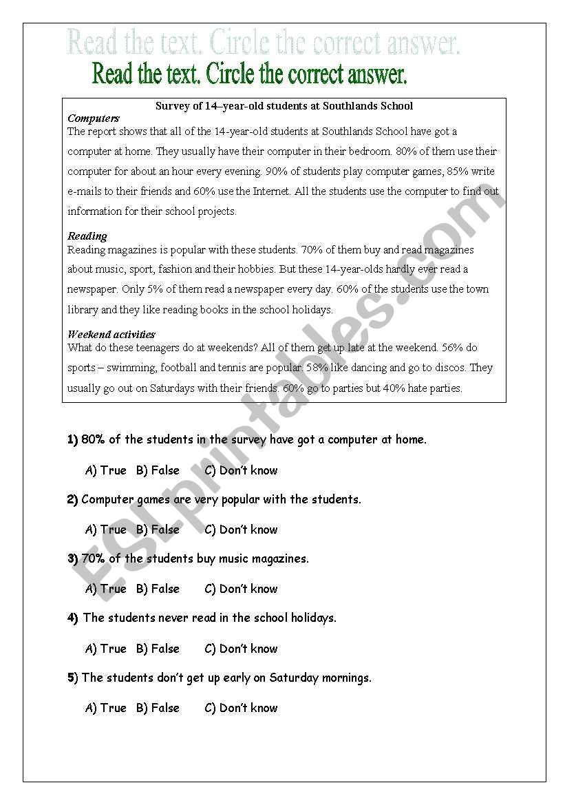 reading- Survey of 14year-old students at Southlands School