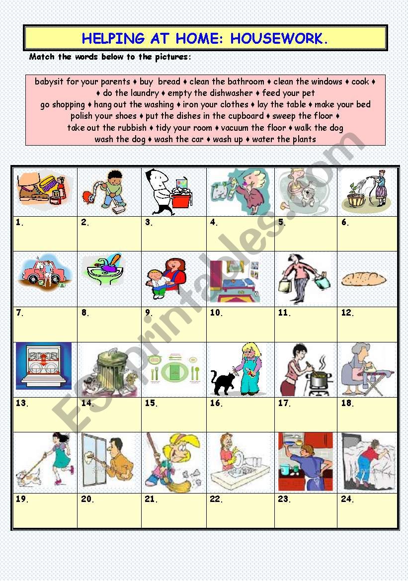 HOUSEWORK VOCABULARY (MATCHING)