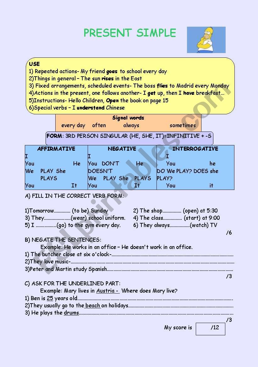 Present Simple Worksheet worksheet
