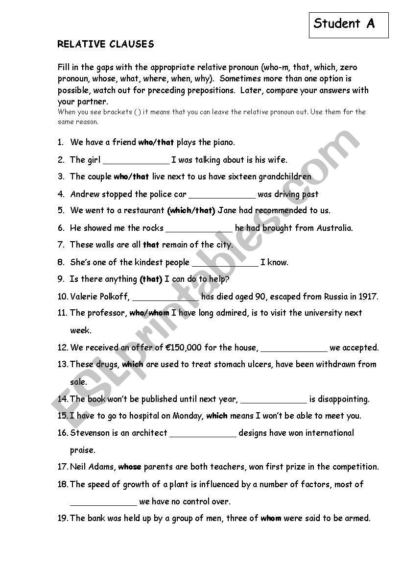 RELATIVE SENTENCES ADVANCED worksheet