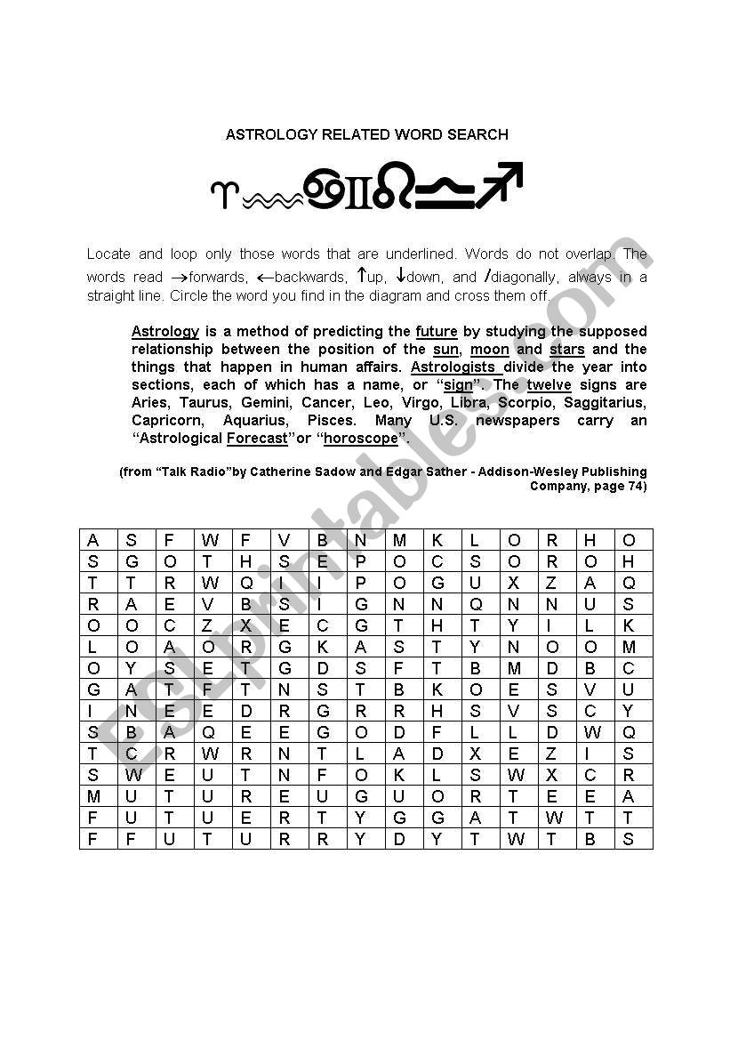 Astrology Related Wordsearch worksheet