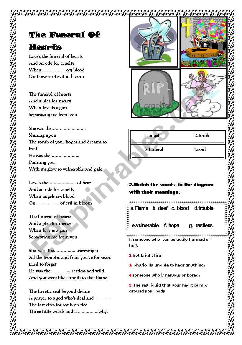 song by HIM funeral of hearts worksheet