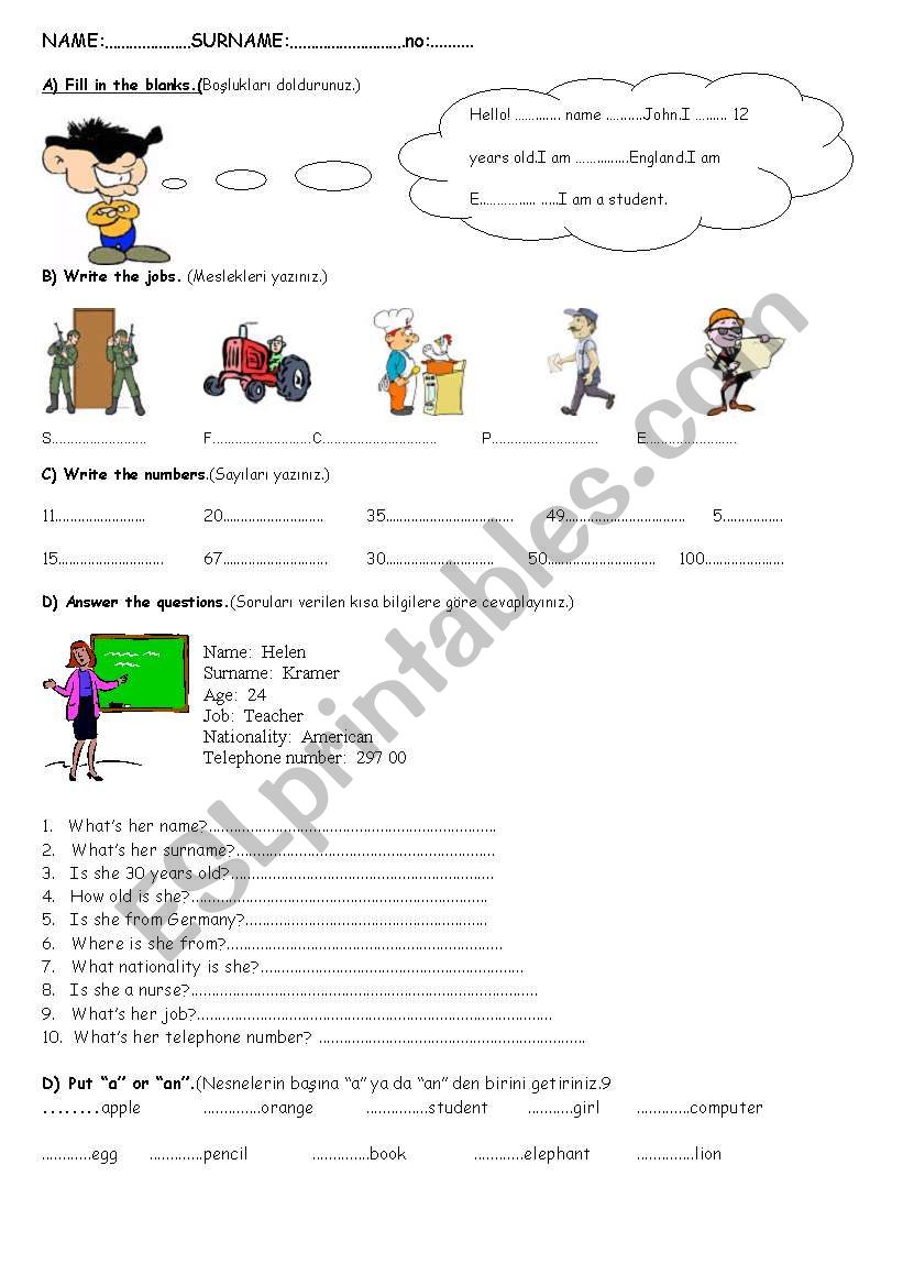 elementary test worksheet