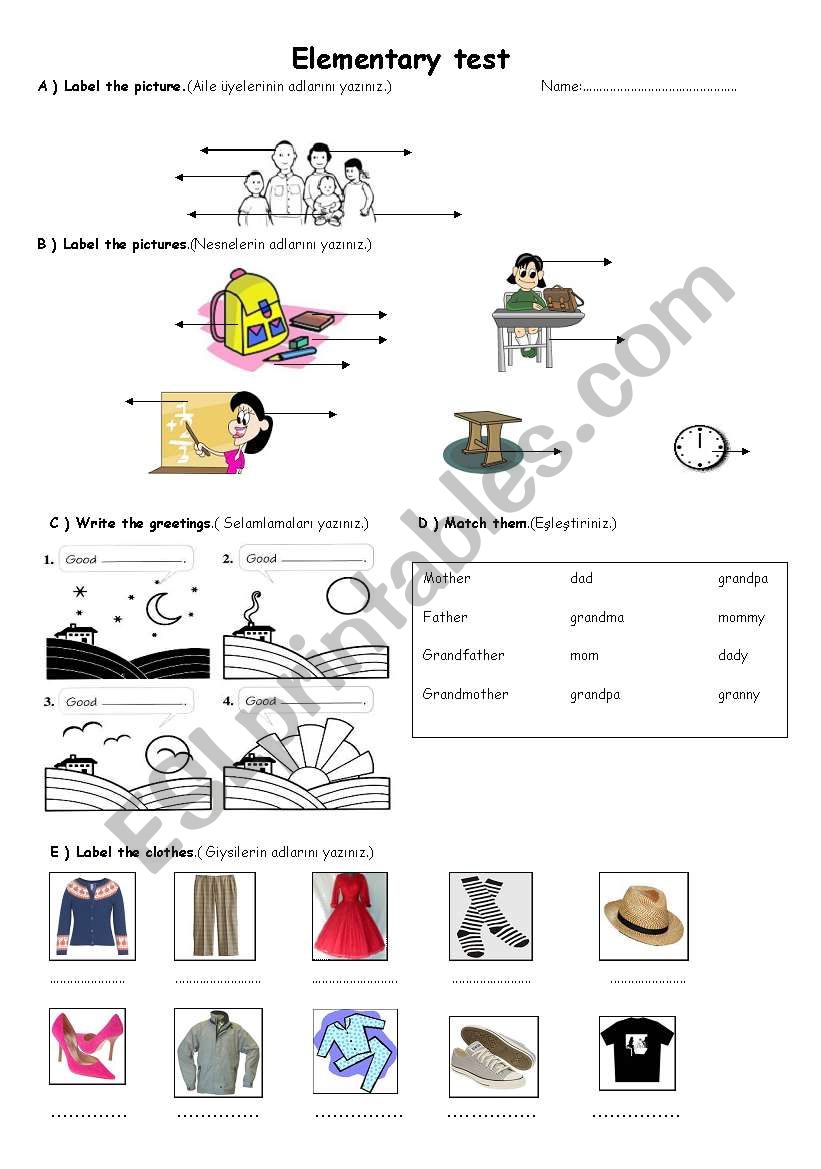 elementary test worksheet