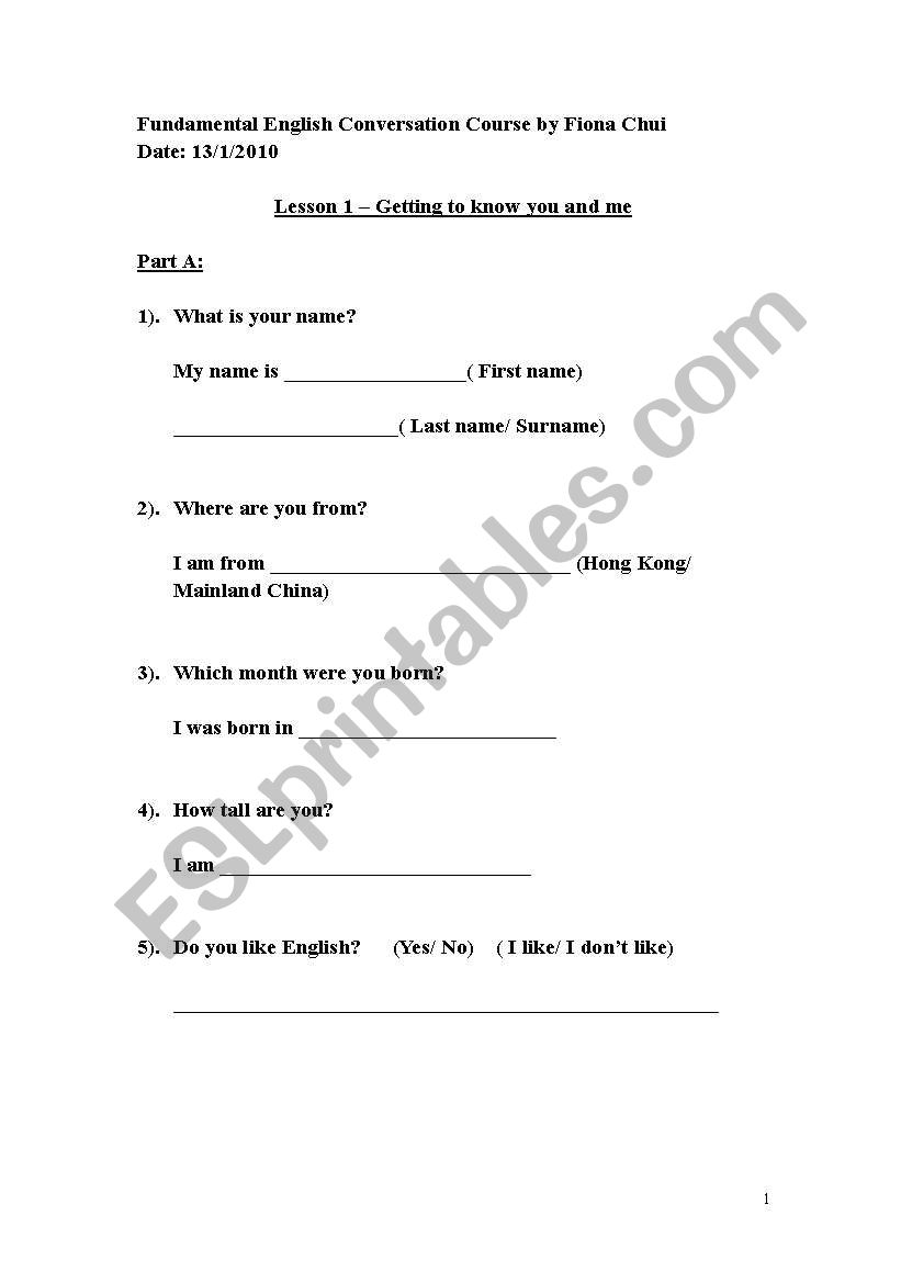 Getting to know you and me worksheet