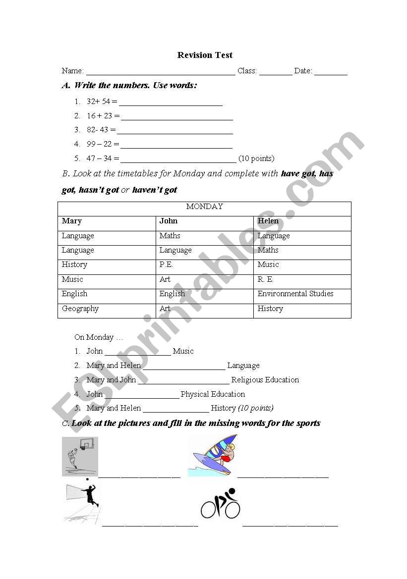 D class Revision Test worksheet