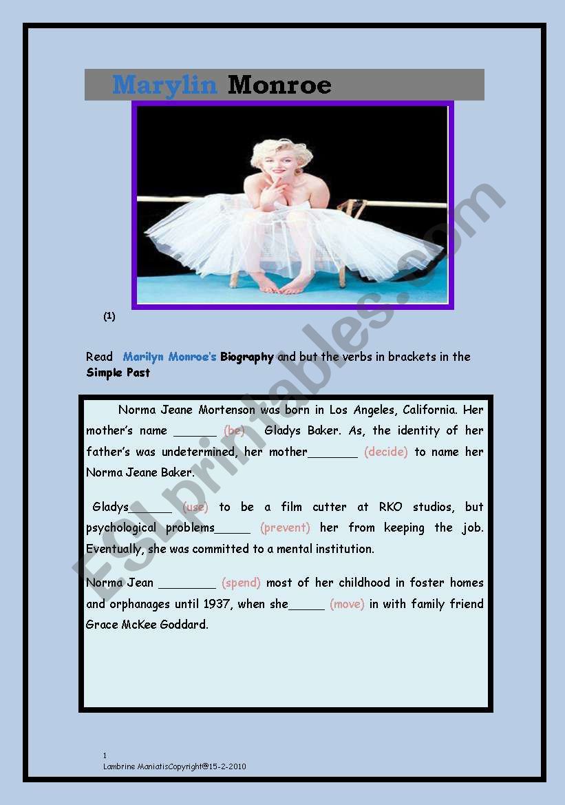 Marilyn Monroes Biography worksheet