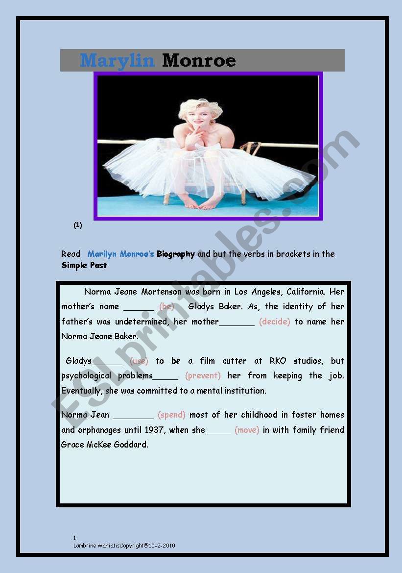 Marilyn Monroe´s Biography worksheet
