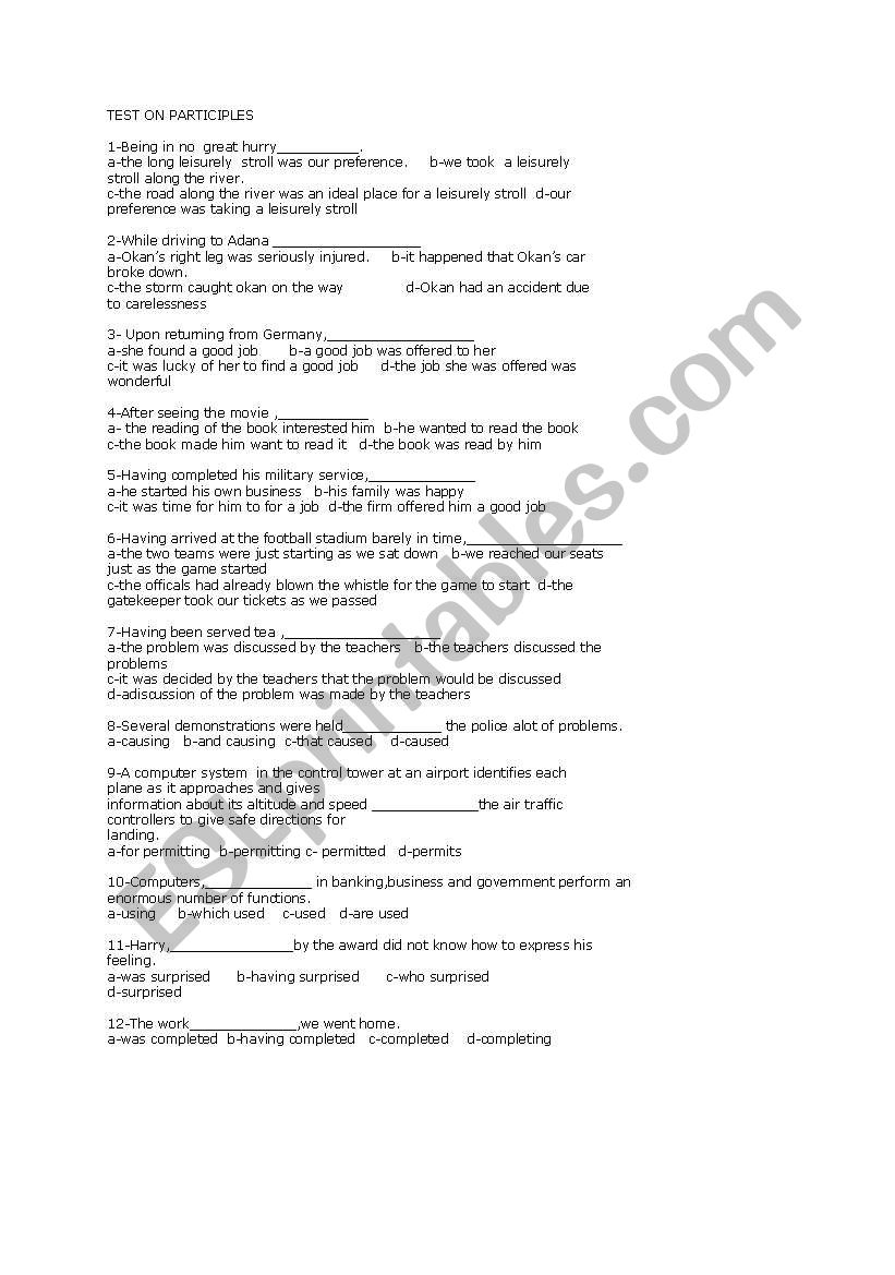 test on partıcıples worksheet