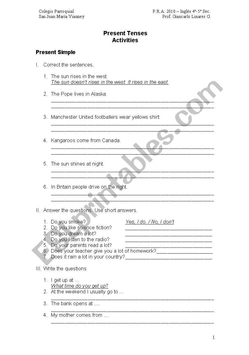 Present Tenses worksheet